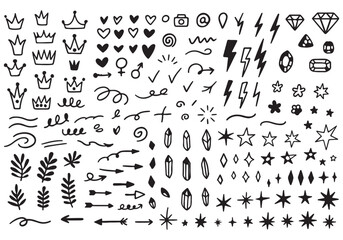 Hand Drawn Doodle Arrows and Symbols Set, Decorative Icons, Marker Style, Brush Art,
