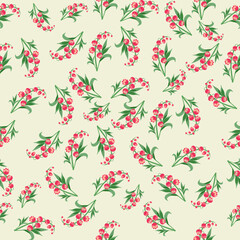 Fototapeta premium Charming seamless floral pattern featuring red lily of the valley on a light cream background. Perfect for vintage fabric, wrapping, scrapbook, or retro packaging.