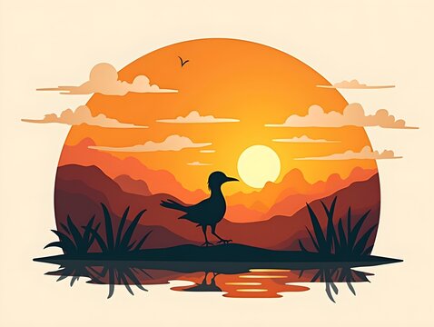 Sunset Landscape Bird Silhouette Design Outline and Color Version