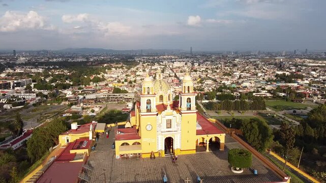 DRONE PHOTOGRAPHS OF THE CHURCH IN THE PYRAMID IN CHOLULA, PUEBLA, MEXICO