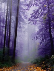 Obraz premium Peaceful Purple Forest Trail with Falling Leaves in Autumn
