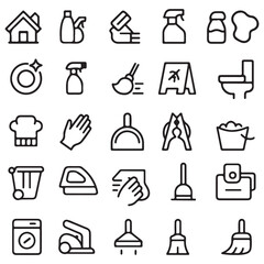 Household and Cleaning Icons, Home Chores, Maintenance, Tools, Sanitation, Vector Line Style, 