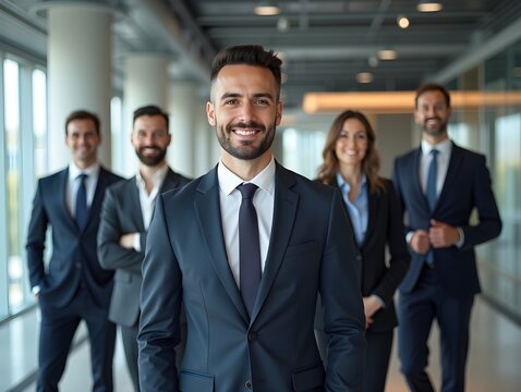 Business professionals in formal attire standing confidently in modern office environment