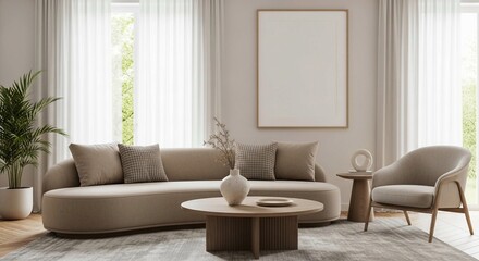 Chic interior design for a living space, characterized by soft neutrals, modern furnishings, and serene vibes.

