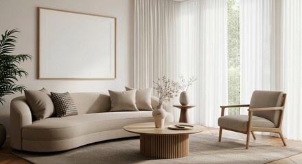 Elegant contemporary living space showcasing neutral furnishings, clean lines, and a minimalist aesthetic.