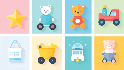 Cute seamless pattern with funny cartoon baby animals: bear, rabbit, and cat vector icon set for child design