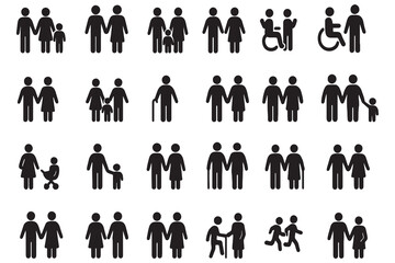 Family Silhouette Vector Icons, People, Parenthood, Disabled, Elderly, Children, Human Figures,