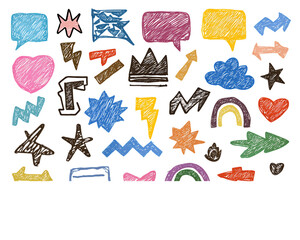 Colorful Hand-Drawn Shapes and Symbols on Transparent Background, PNG
