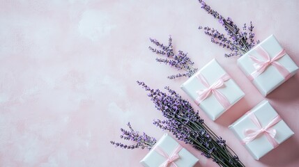 Gift Boxes with Lavender on Pink Background