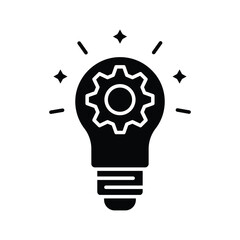 Vector icon of innovation showing a glowing lightbulb and gears, symbolizing creative ideas and innovation. Perfect for educational and development materials, etc. Solid style.