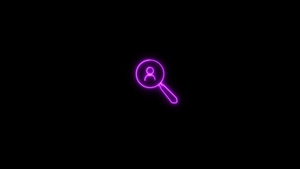 Glowing neon line magnifying glass for search job icon on black background. neon search, person, magnifying glasses icon.