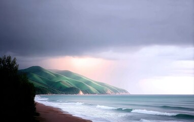Coastal landscape at dawn or dusk with dramatic clouds