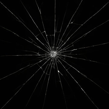 Realistic shattered glass texture with spiderweb crack pattern on black background, broken transparent surface impact effect, damaged window overlay for destruction, crash, smash, fracture simulation