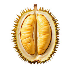 Close-up of a durian fruit, cut in half, displaying its golden flesh.