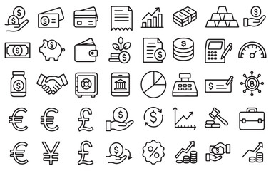 Office And Finance Outline Icons Pack, Business Strategy Elements, Analytics, Budget Planning Symbols, Corporate Growth Vector