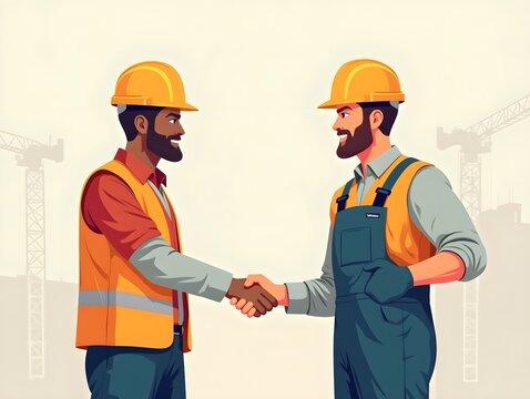 Two construction workers shaking hands in flat style art