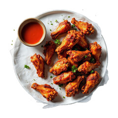 Crispy fried chicken wings served with sauce.