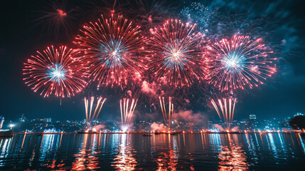 Spectacular Fireworks Light Up the Night Sky with Colorful Explosions, Creating a Joyous and Festive Atmosphere