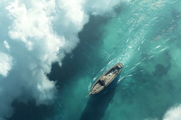 Obraz premium Flying over a beautiful boat in the clear ocean waters during a sunny day, High shot flying over beautiful boat in ocean