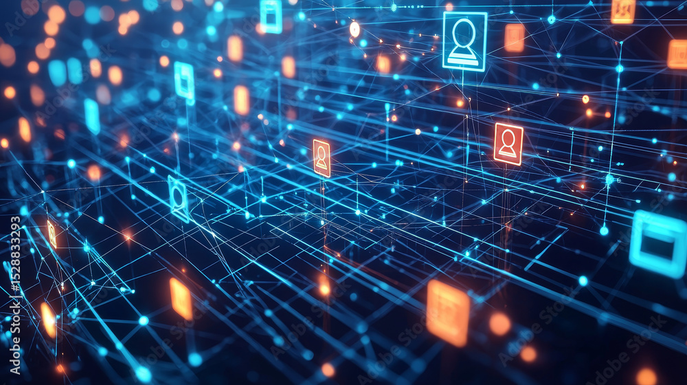 Poster futuristic digital network with interconnected user icons and data graphs in an innovative communica