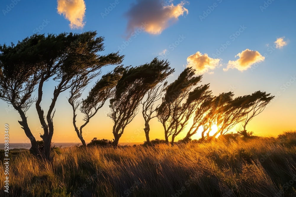 Poster timelapse of trees swaying in the wind at sunrise over a tranquil landscape, time-lapse of trees swa