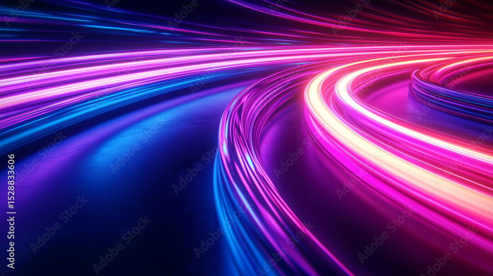 Poster vibrant abstract 3d rendering of swirling neon lights in pink and blue hues creating dynamic and fut
