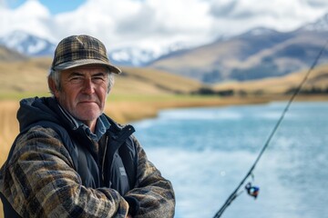 Obraz premium Confident fisherman prepares for a successful day of fishing by the serene lake in the mountains, Confident fisherman concentrating on prepare fishing equipment Otago