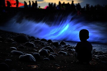 Child watching vibrant blue waves at dusk