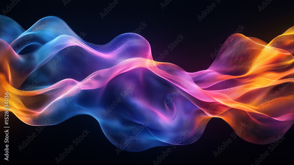 Poster dynamic and colorful abstract waves intertwining on black background, creating fluid energy