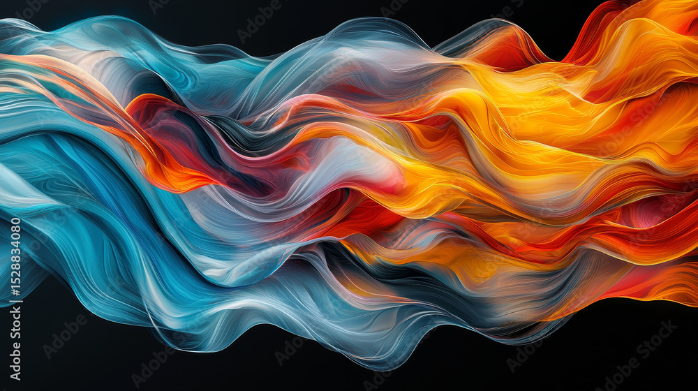 Poster vibrant abstract waves in motion, creating a fluid and energetic visual effect against black backgro