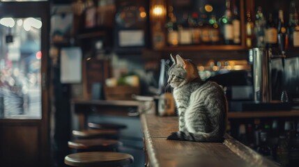 Cozy bar ambiance with cat resting on counter in dimly lit restaurant setting