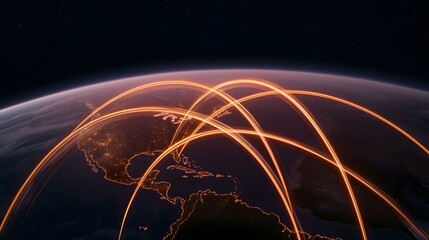 The image shows a stylized depiction of Earth at night, with glowing orange lines arcing across the continents, representing global communication networks.