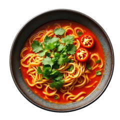 Bowl of spaghetti with tomato sauce, cilantro, and chili peppers.