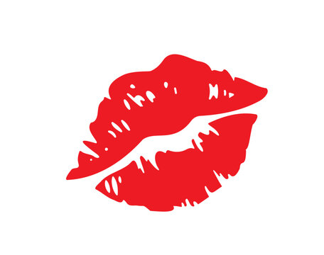 Cartoon vector illustration red lipstick logo kiss imprint mark isolated on white background. Romantic element for love, Valentine’s or beauty design elements