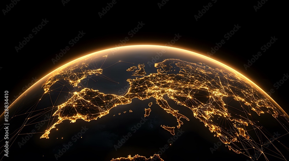 Poster a stylized image of europe at night, depicted as a glowing orb with interconnected lines representin