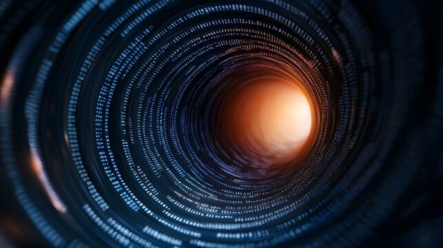 The image shows a swirling tunnel of data, with lines of code spiraling inward towards a bright, orange-hued center.
