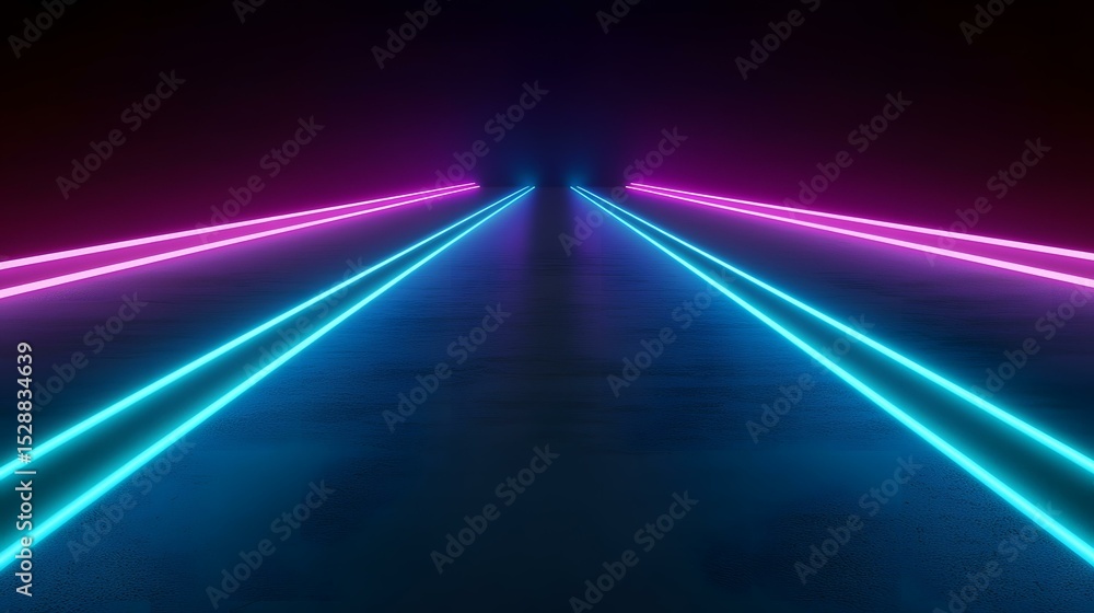 Poster the image contains two parallel lines of neon light, one cyan and one magenta, converging towards a 