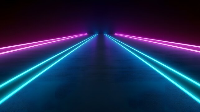 The image contains two parallel lines of neon light, one cyan and one magenta, converging towards a vanishing point in the distance on a dark blue textured surface.