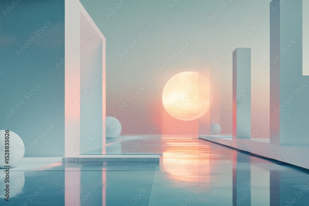Poster digital landscape illuminated by moonlight with ethereal reflections and geometric shapes at dusk, d