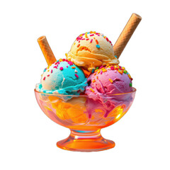 Colorful ice cream sundae in a glass bowl.