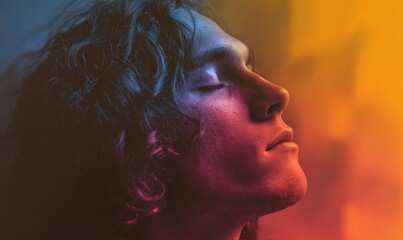 A concept of calming rhythms and emotional balance, close up view of young man on abstract background. High quality