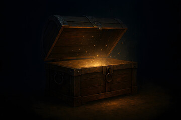 Glowing treasure chest open in dark mysterious cave with magical sparkles, ancient wooden box filled with fantasy light gold, pirate adventure hidden riches, enchanted mystery discovery background con