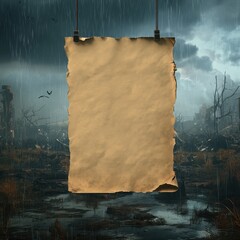 an empty page paper hanging by clips in a dark rainy post-apocalyptic landscape, torn edges with damp texture, surrounded by ruined buildings and dead trees, concept art symbolizing abandonment
