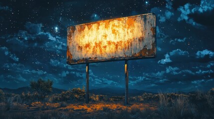 an empty rustic billboard glowing under a starry desert sky, surrounded by dry grass and scattered bushes at night