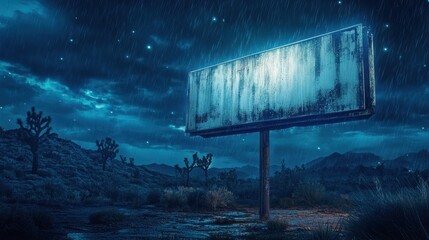 an empty glowing billboard in a dark desert landscape at night, illuminated by starry sky and rain falling on barren ground