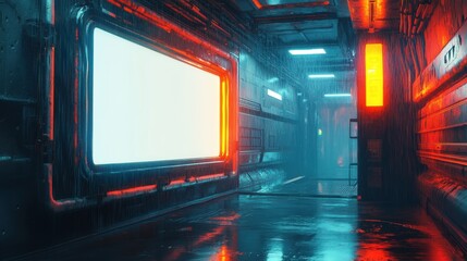 an empty neon sign in a futuristic sci-fi corridor, glowing light panel on metallic wall with cyberpunk rain atmosphere