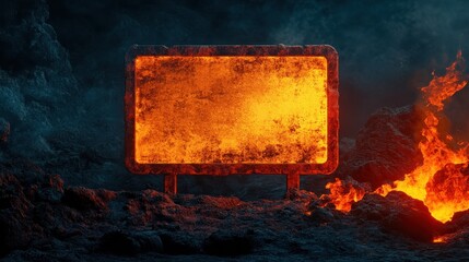 an empty molten sign in a volcanic landscape, glowing hot metal signboard surrounded by flowing lava and dark fiery rocks