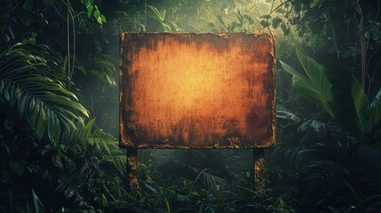 an empty weathered sign deep in a lush jungle, rustic metal signboard surrounded by dense green tropical leaves and misty sunlight