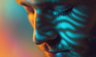 A concept of calming rhythms and emotional balance, close up view of young man on abstract background. High quality