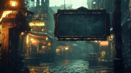 an empty rustic hanging sign in a rainy medieval alley, vintage wooden signboard with weathered edges and dim lanterns glowing in the misty cobblestone street